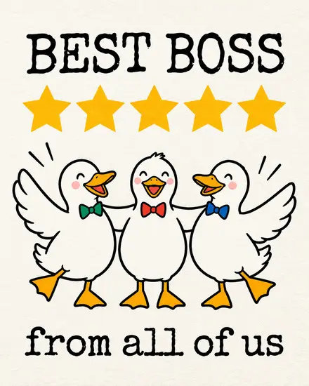 Three ducks in bow ties with five gold stars and confetti on a free National Boss Day card