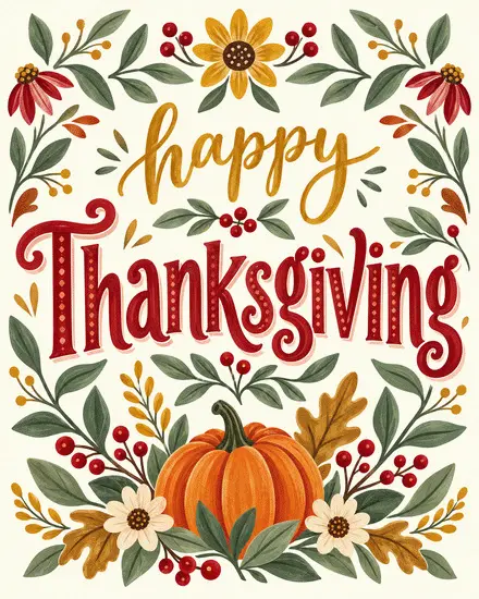 Folk art floral border with pumpkin, sunflower, and red berries on a free Thanksgiving card