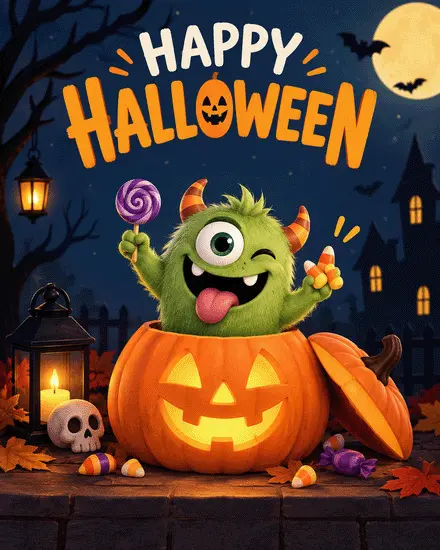 Cute green monster in a glowing jack-o-lantern with lollipop and skull on a free Halloween ecard