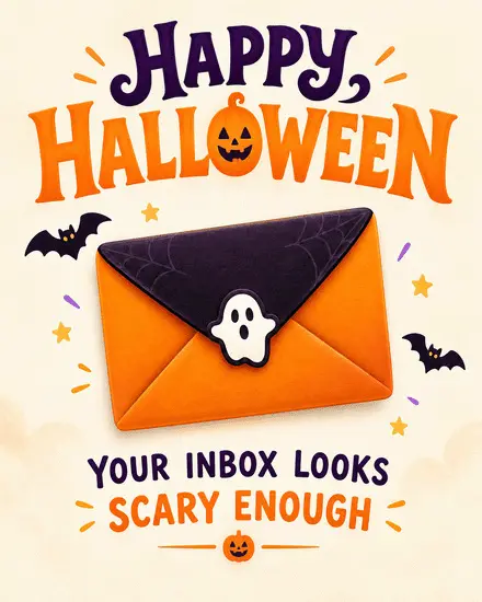 Orange and purple Halloween envelope with ghost seal and bats on a free Halloween card