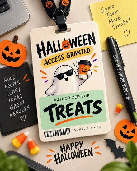 Office Halloween ID badge with ghost, candy corn, and jack-o-lanterns on a free Halloween ecard