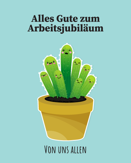 Kawaii Kakteen mit lachenden Gesichtern im Blumentopf auf kostenloser Arbeitsjubiläumskarte.