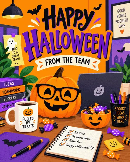 Office Halloween card with nerdy pumpkin, candy bowl, mug, and laptop from the team
