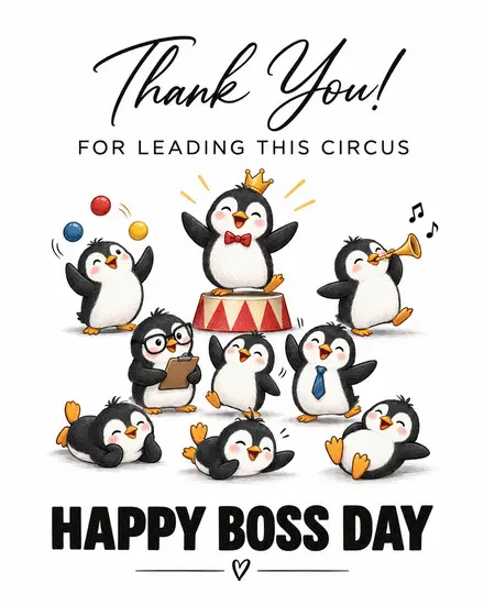 Cute penguins with crown boss and colorful confetti on a free National Boss Day ecard