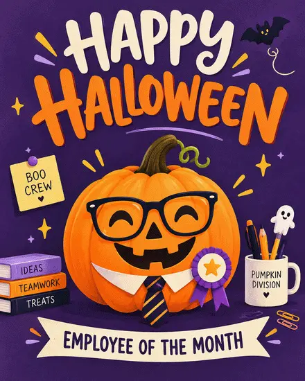 Pumpkin in glasses and tie with award ribbon and ghost mug on a free Halloween card