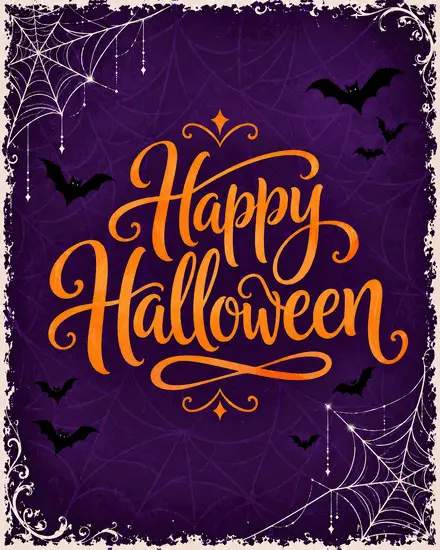 Orange script on deep purple background with spider webs and bats on a free Halloween ecard.
