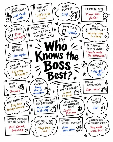 Colorful speech bubble boss quiz card with fun facts and doodles on a free National Boss Day ecard