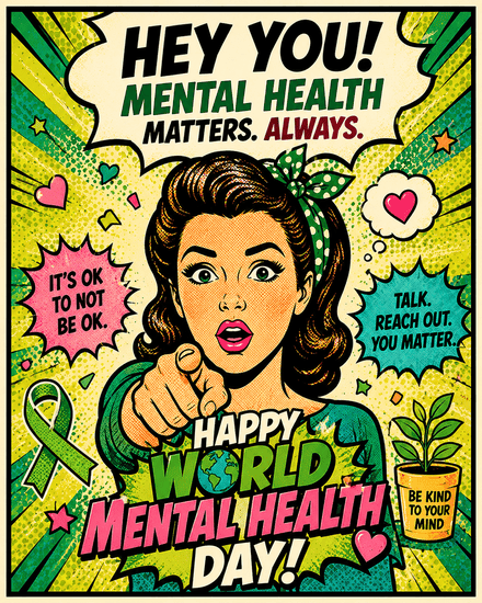Retro comic woman pointing with speech bubbles and green ribbon on a free World Mental Health Day ecard