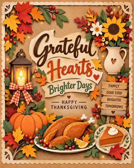 Rustic Thanksgiving ecard with roast turkey, pumpkin pie, lantern, and sunflower on kraft paper
