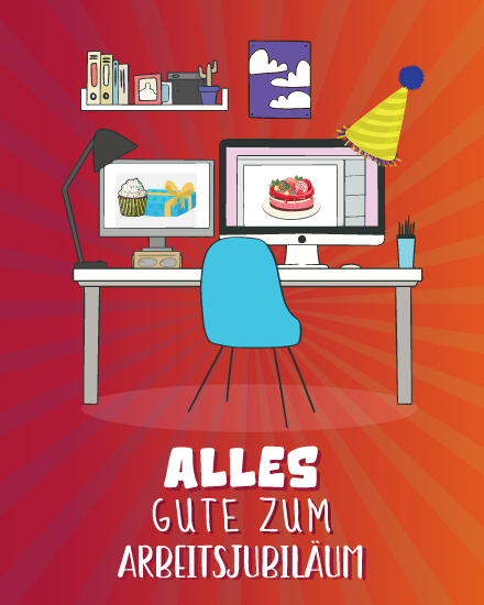 Schreibtisch mit Partyhut und Monitoren auf rotem Hintergrund kostenlose Arbeitsjubiläumskarte.