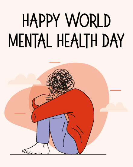 Line art figure hugging knees with tangled scribble head on a free World Mental Health Day card