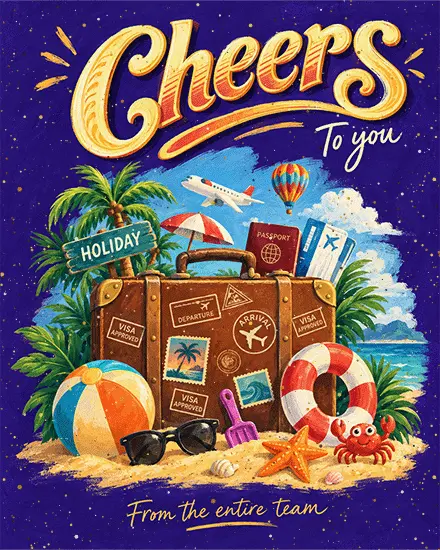 Stamped suitcase, passport and beach ball on a free retirement card from the team
