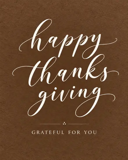 White calligraphy script with sparkles on brown kraft background on a free Thanksgiving card