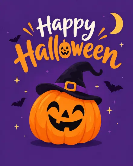 Cute winking pumpkin in witch hat with crescent moon and bats on a free Halloween ecard
